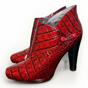 Via Spiga Animal Print Patent Red Leather Ankle Heeled Booties Women's 10